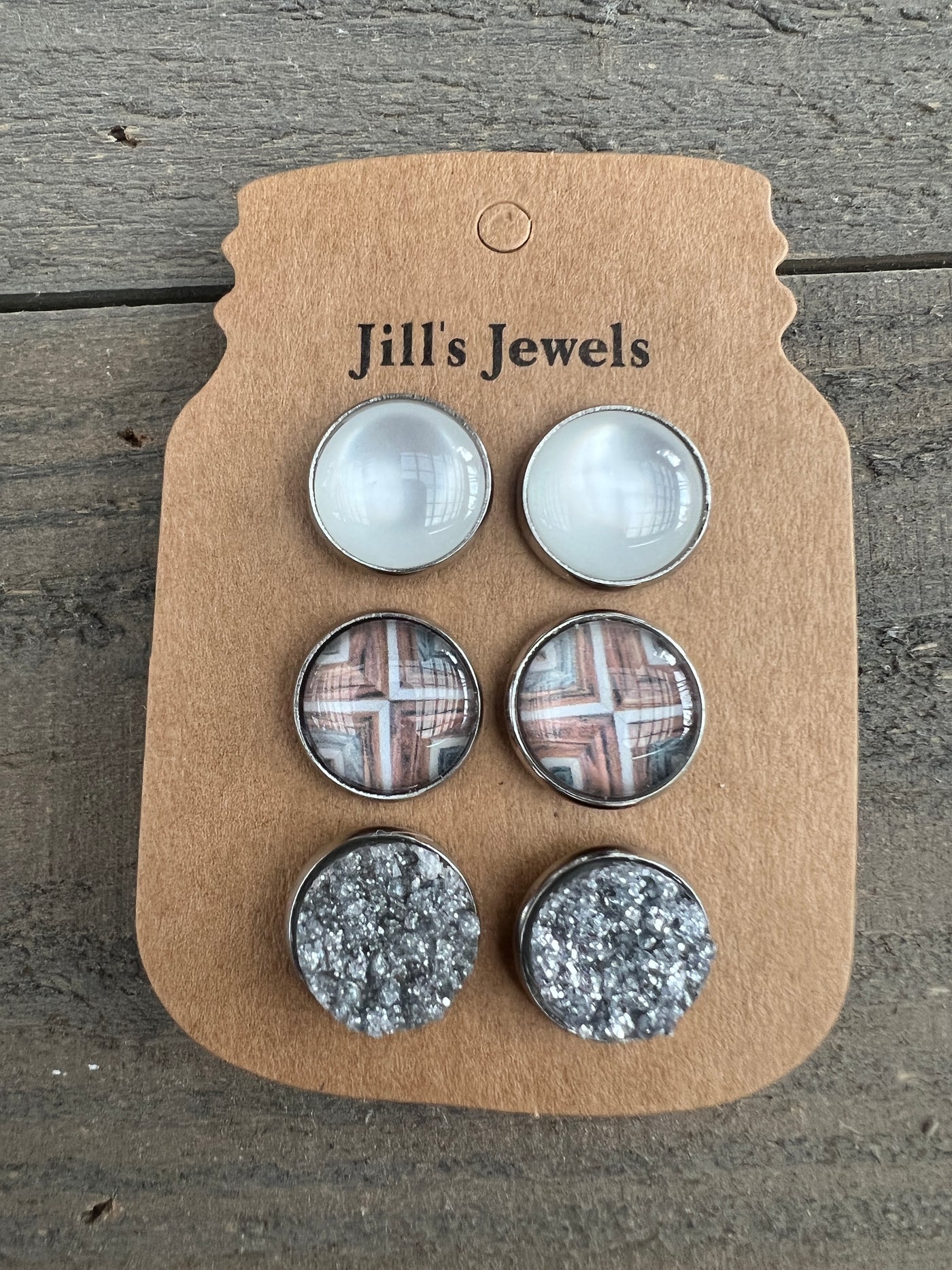 Wood Pattern with White Earring Trio Set