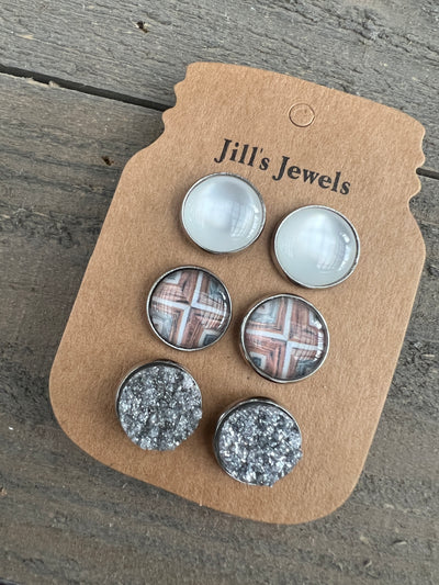 Wood Pattern with White Earring Trio Set