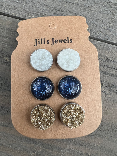 Blue Snowflake with Gold Earring Trio Set