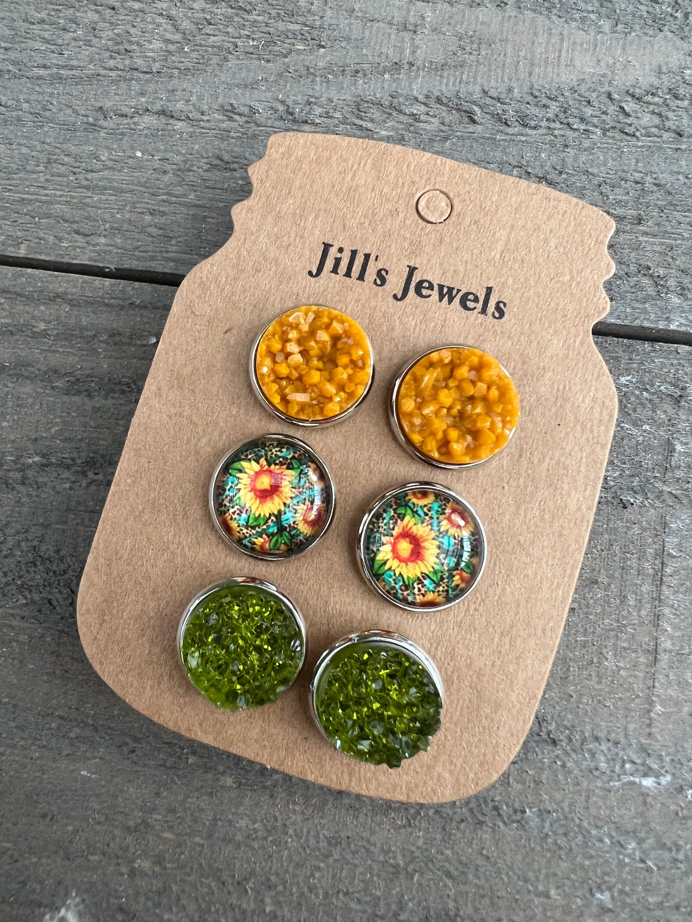 Yellow Sunflower with Green Earring Trio Set