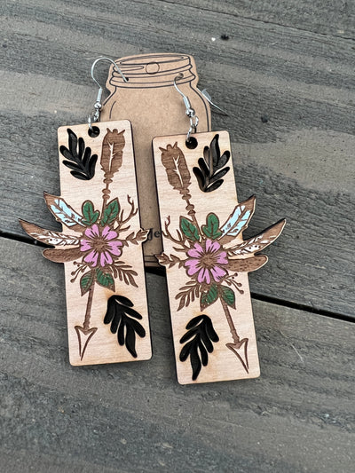 Floral Arrow Cutout Engraved Wooden Earrings