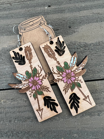 Floral Arrow Cutout Engraved Wooden Earrings