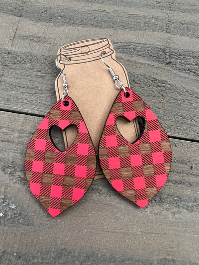 Red Heart Plaid Engraved Wooden Earrings