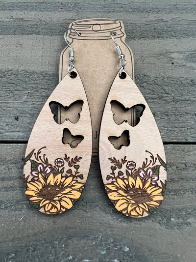 Butterfly Floral Cutout Teardrop Engraved Wooden Earrings