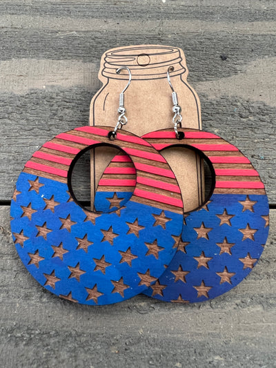 American Flag Hoop Engraved Wooden Earrings