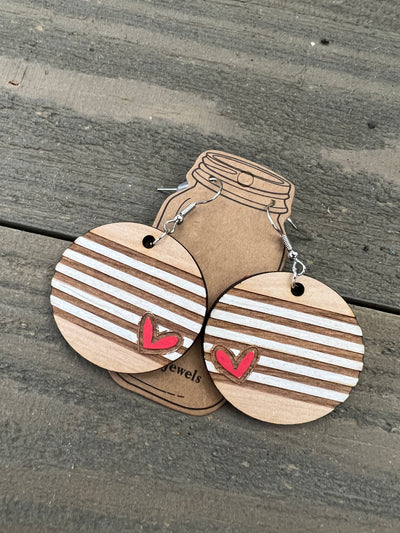 White Stripe Heart Round Engraved Wooden Earrings