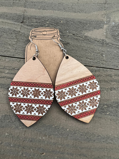 Red and White Sweater Engraved Wooden Earrings