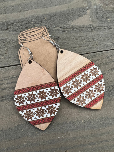Red and White Sweater Engraved Wooden Earrings