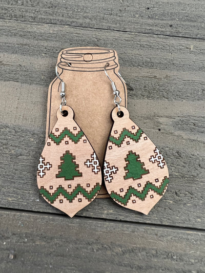 Christmas Sweater Tree Engraved Wooden Earrings