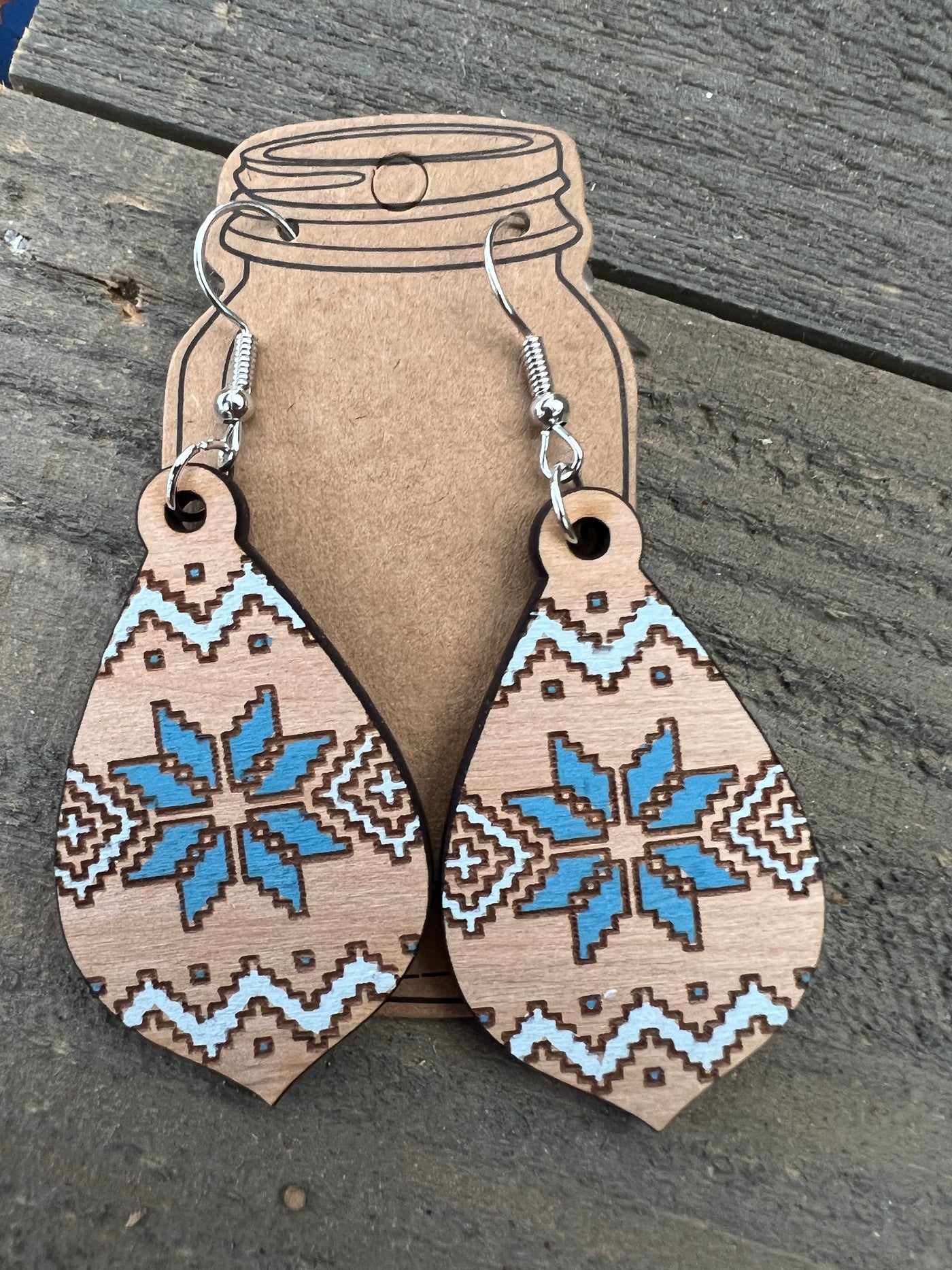 Christmas Sweater Snowflake Engraved Wooden Earrings