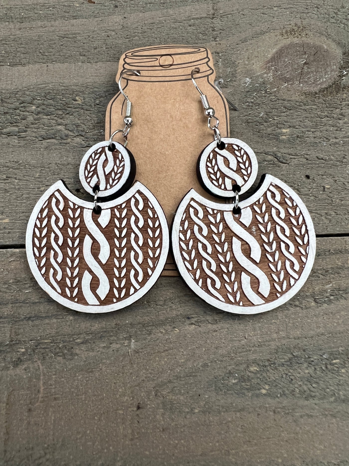 Round White Sweater Engraved Wooden Earrings