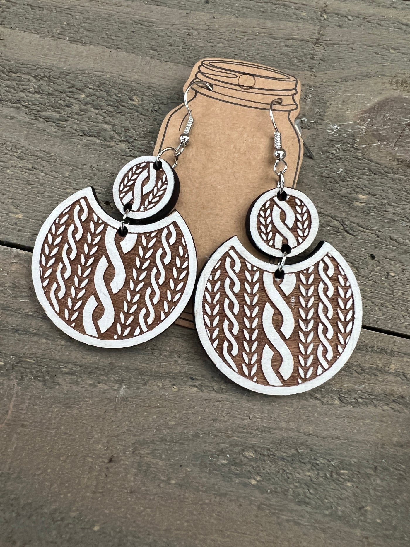 Round White Sweater Engraved Wooden Earrings