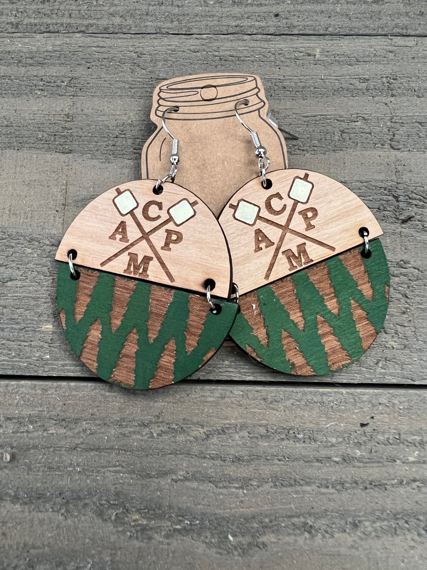 Camping Forrest Round Engraved Wooden Earrings