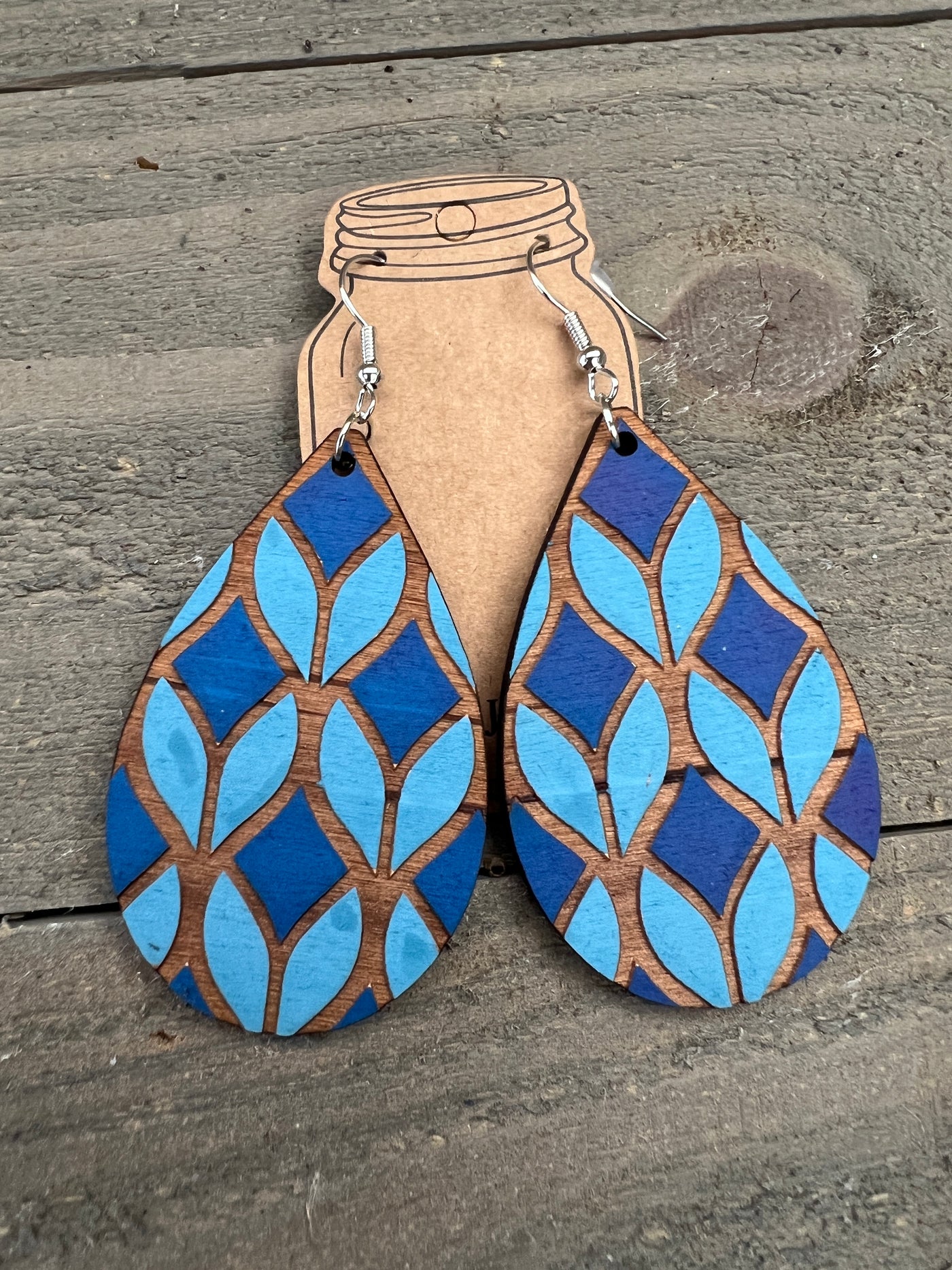 Blue Geometric Engraved Wooden Earrings
