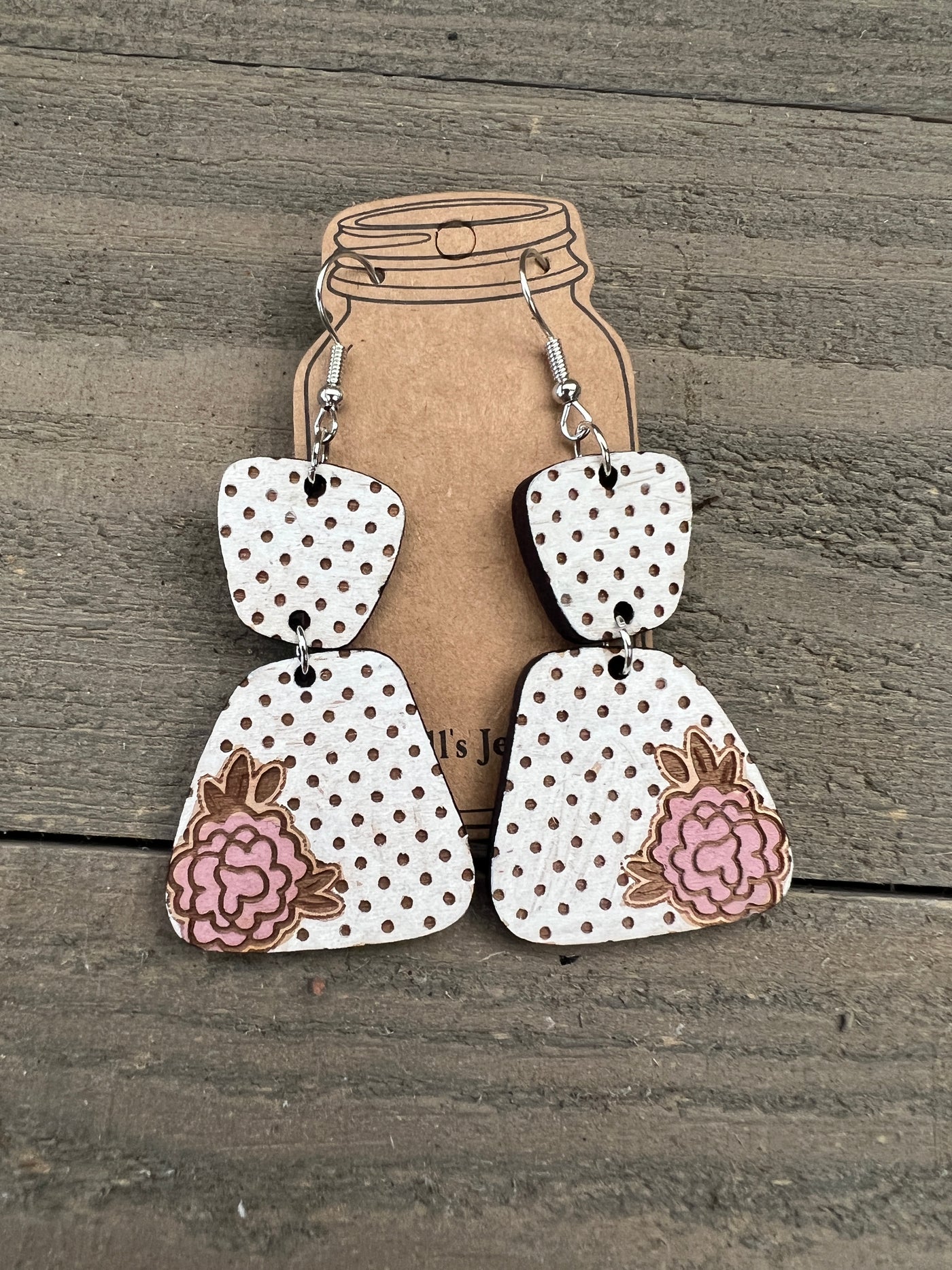Polka dot Flower Engraved Wooden Earrings