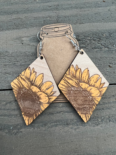 Sunflower Diamond Engraved Wooden Earrings