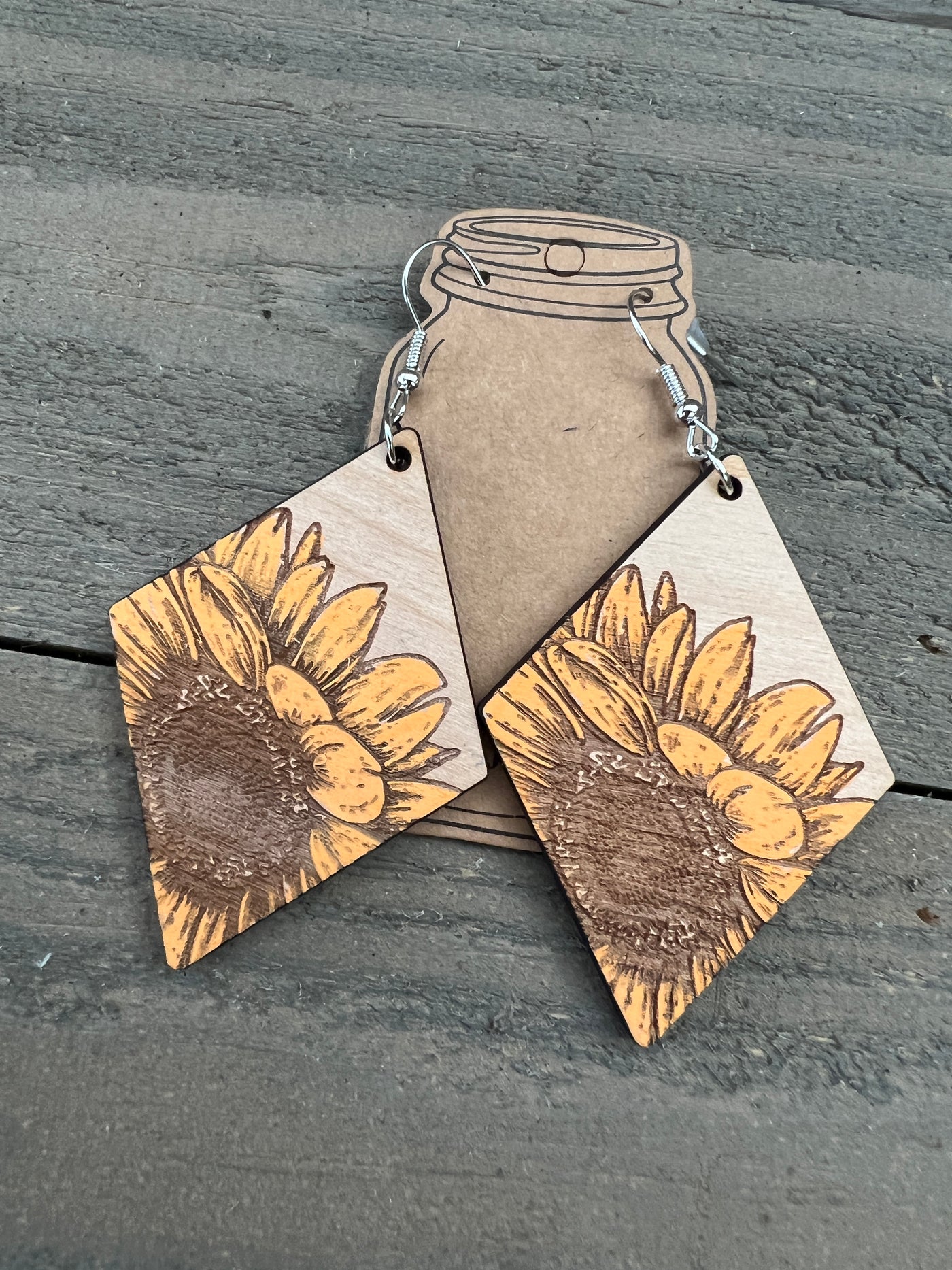 Sunflower Diamond Engraved Wooden Earrings