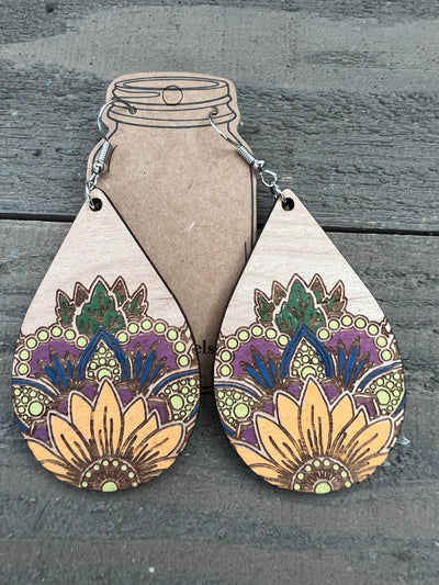 Sunflower Mandala Teardrop Engraved Wooden Earrings