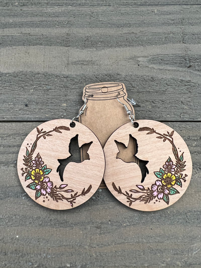 Floral Bird Cutout Round Engraved Wooden Earrings