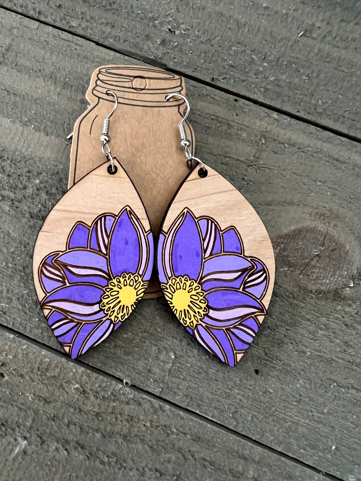 Purple Flower Engraved Wooden Earrings