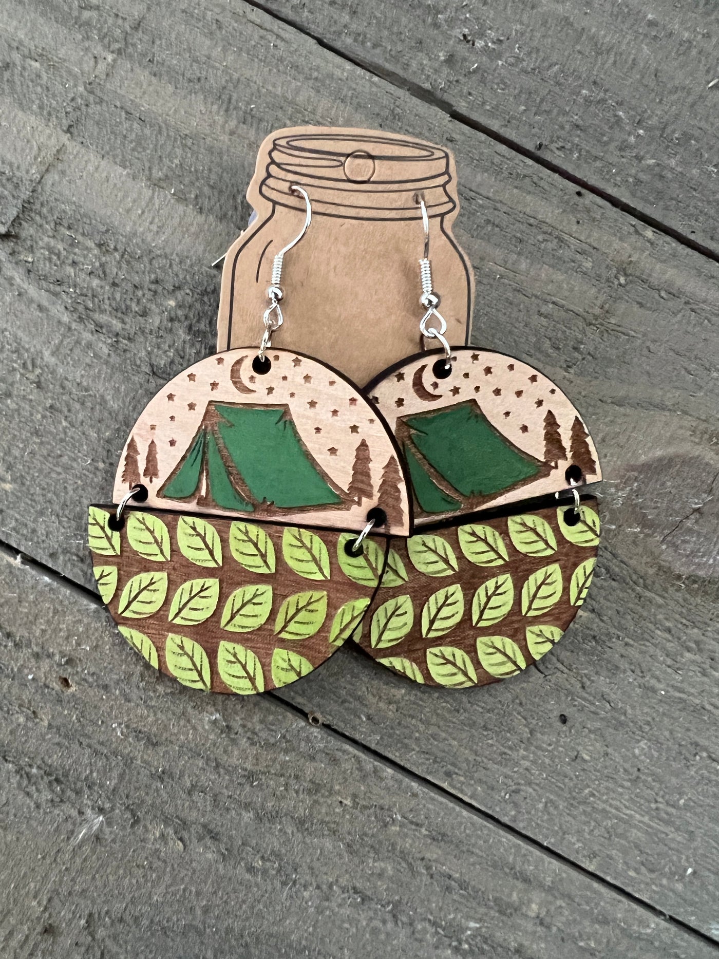 Tent Camping Round Engraved Wooden Earrings