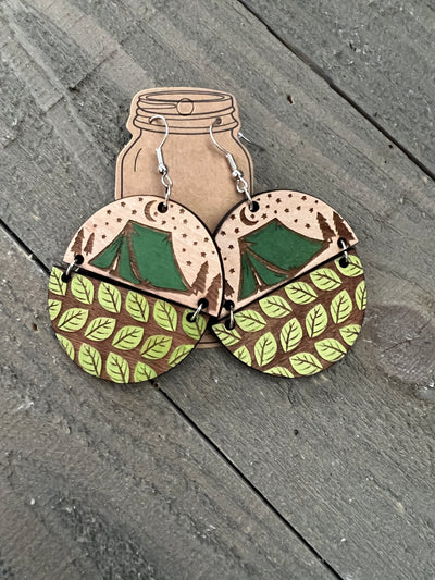 Tent Camping Round Engraved Wooden Earrings