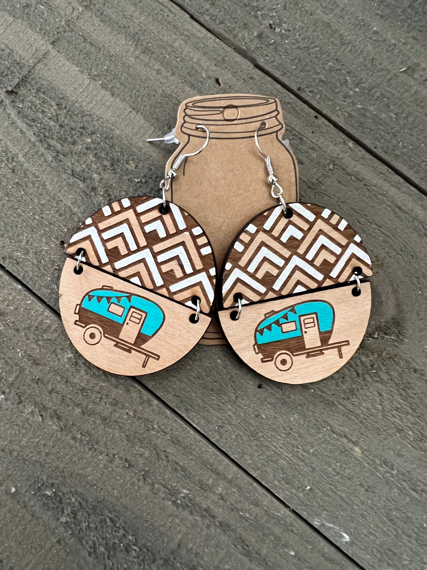 Camper Trailer Round Engraved Wooden Earrings