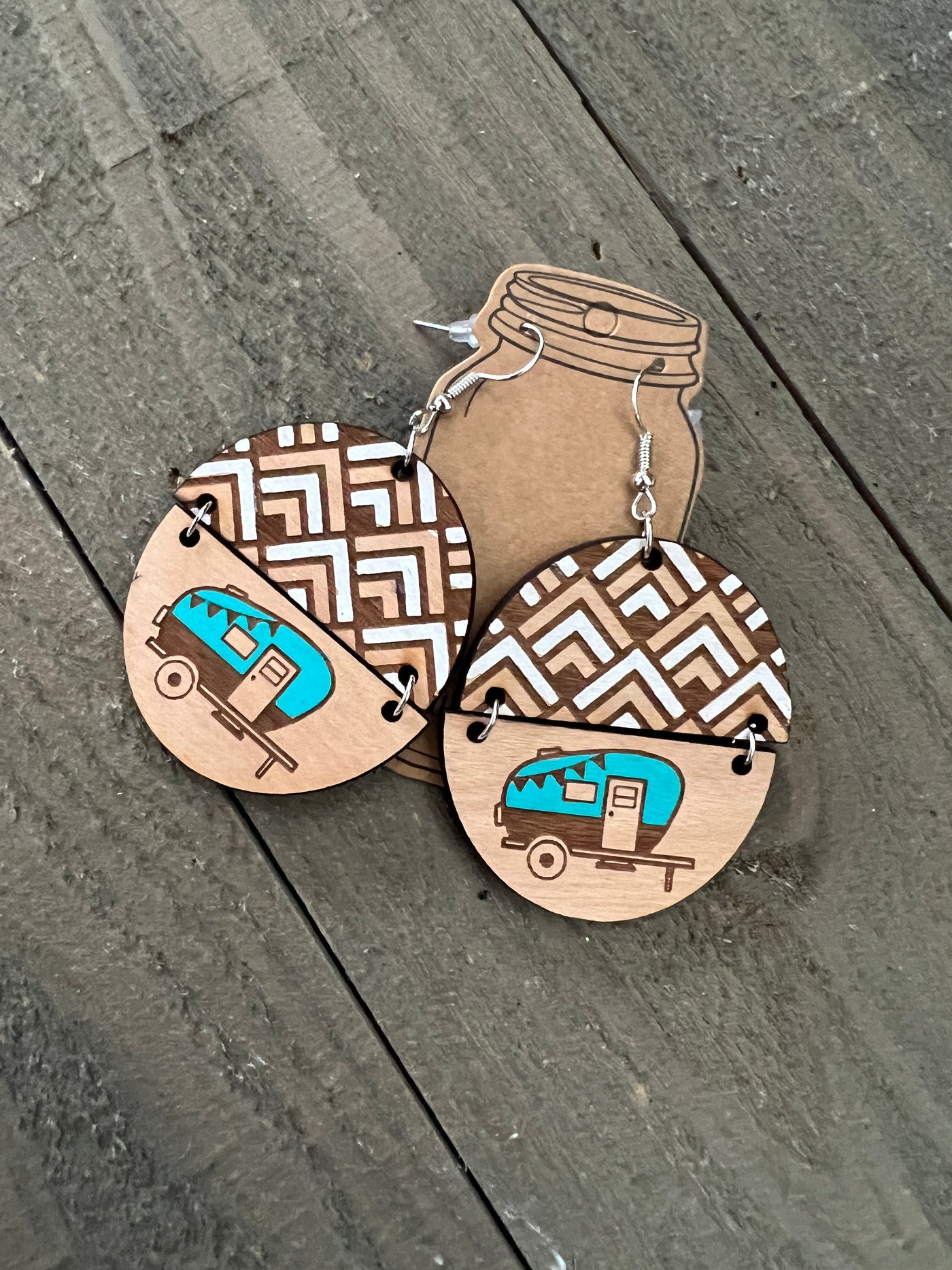 Camper Trailer Round Engraved Wooden Earrings