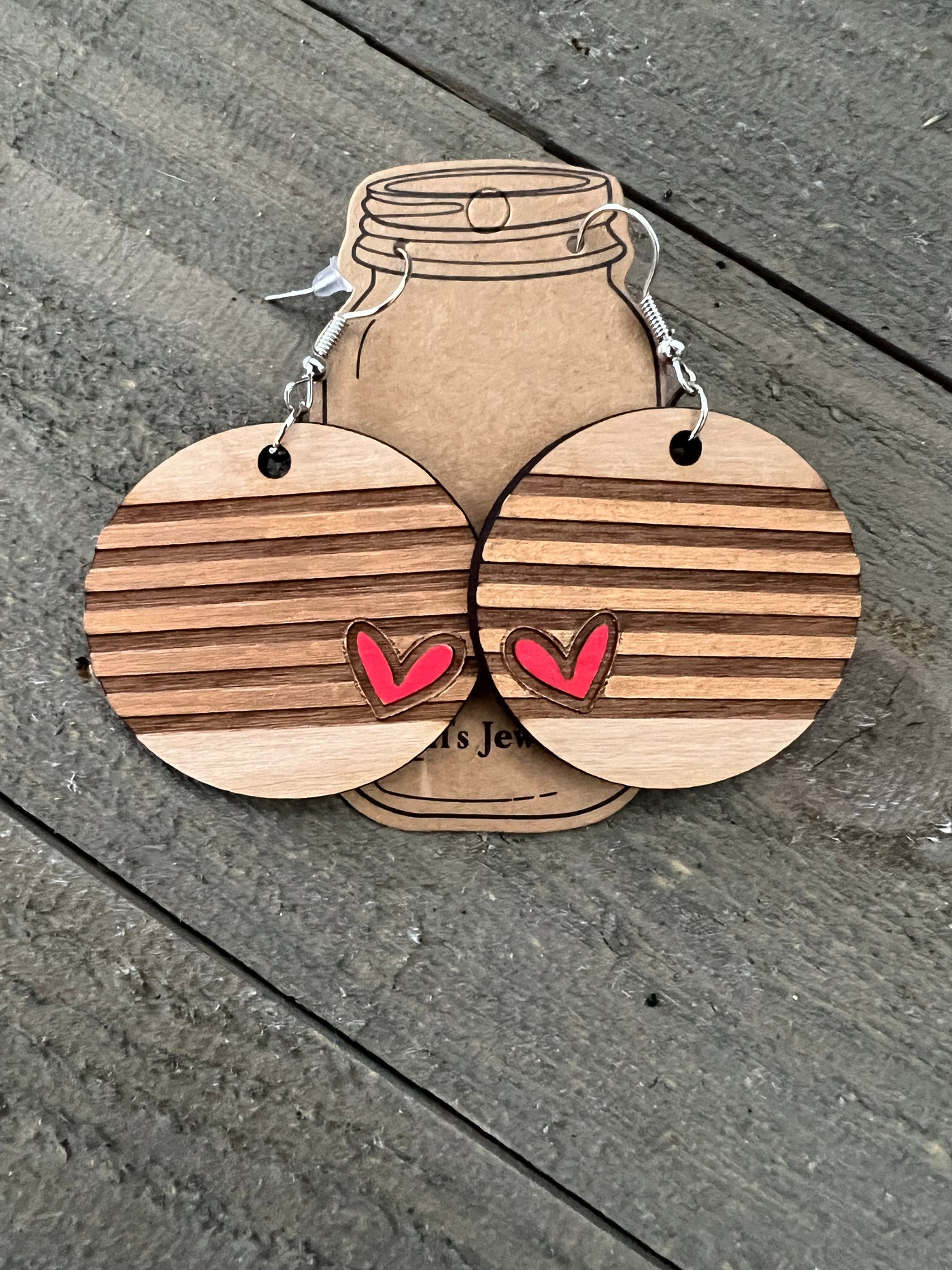 Rose Gold Stripe Heart Round Engraved Wooden Earrings
