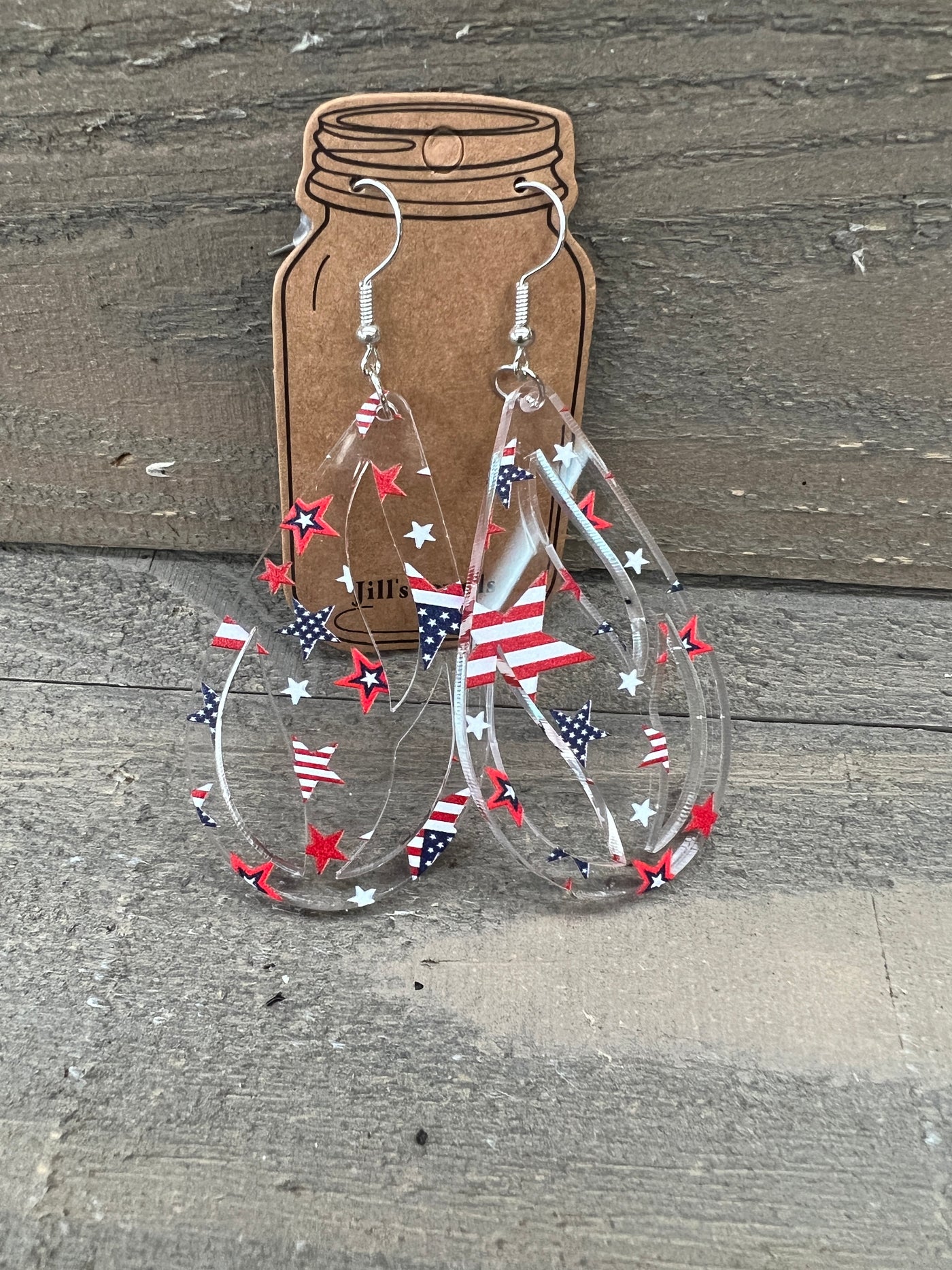 Red White and Blue Star USA Acrylic Teardrop Cutout Earrings