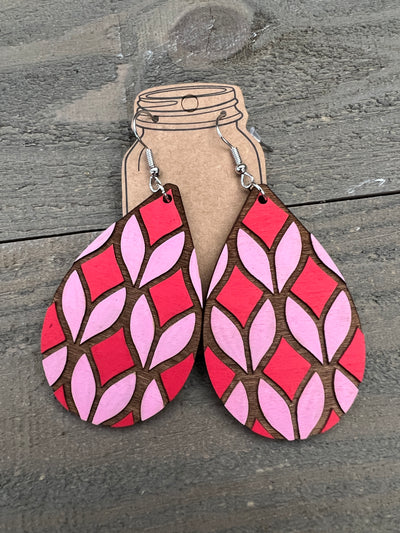 Red and Pink Geometric Engraved Wooden Earrings