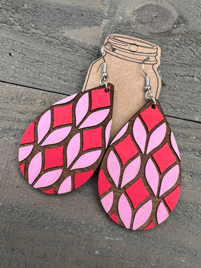 Red and Pink Geometric Engraved Wooden Earrings