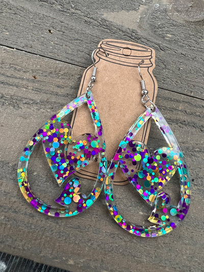 Mardi Gras Glitter Acrylic Heart Cutout Earrings