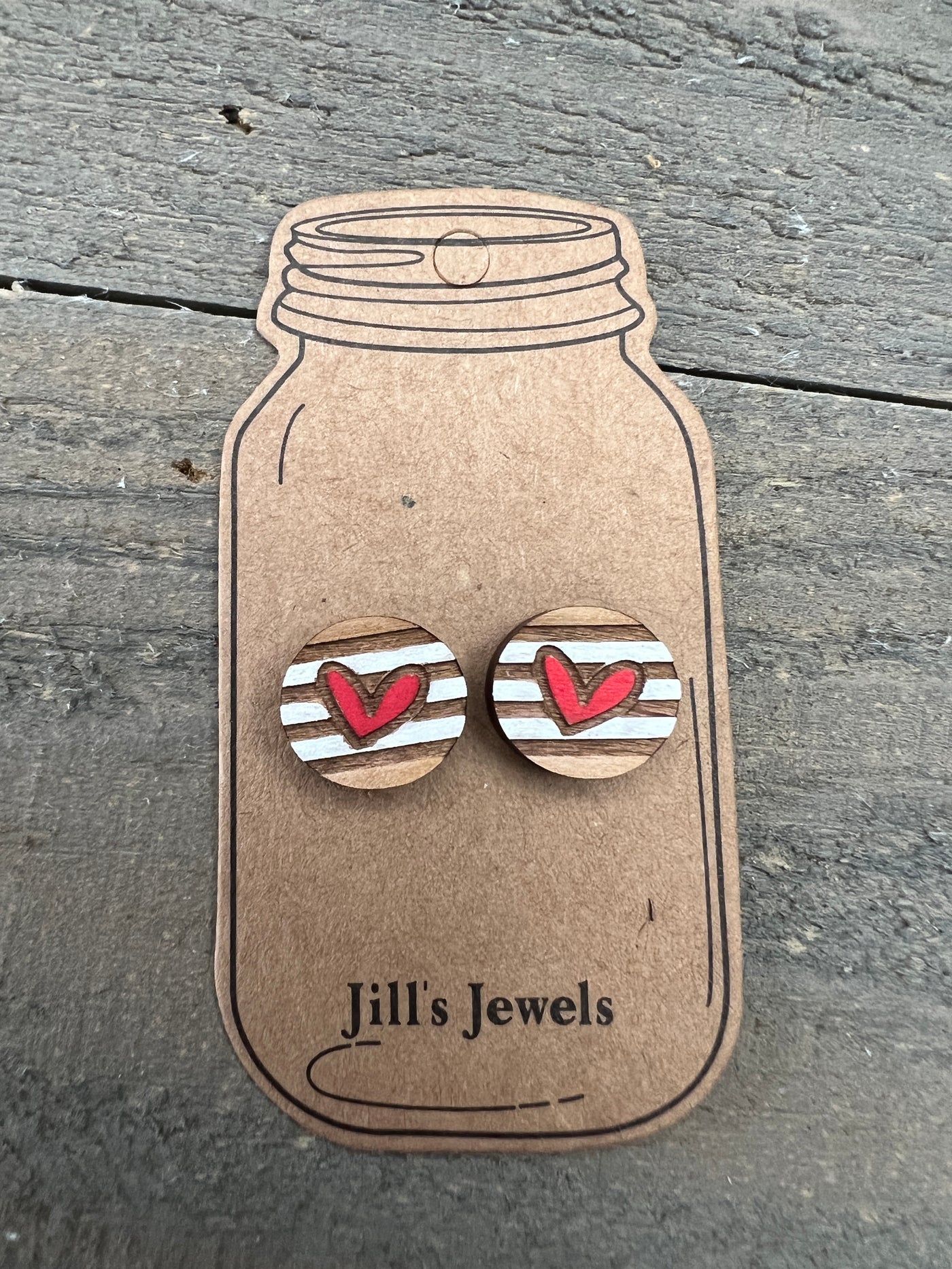 White Stripe Heart Wood Stud Earrings