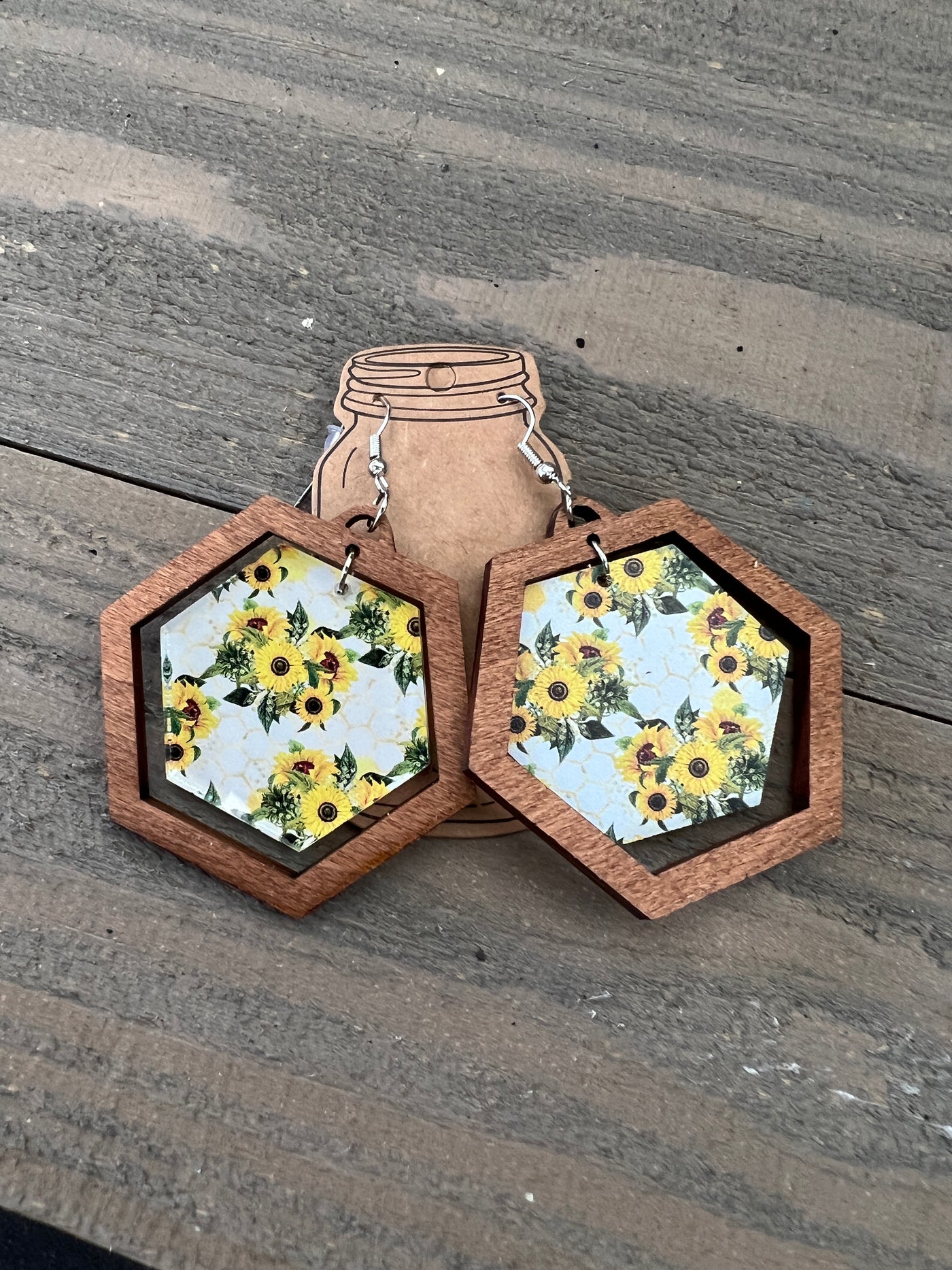 White Sunflower Hexagon Acrylic Wooden Earrings