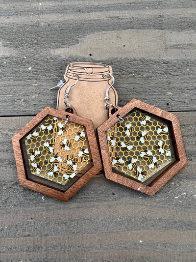 Bee Honeycomb Hexagon Acrylic Wooden Earrings