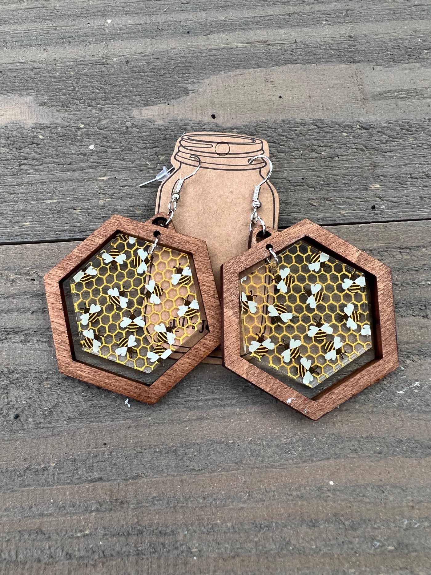 Bee Honeycomb Hexagon Acrylic Wooden Earrings