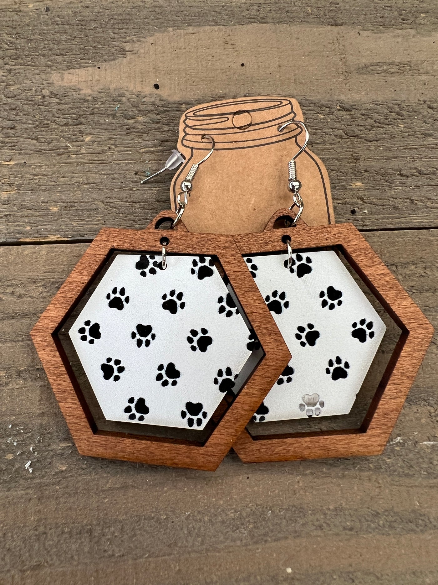 Dog Paw Black and White Hexagon Acrylic Wooden Earrings
