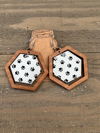 Dog Paw Black and White Hexagon Acrylic Wooden Earrings