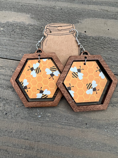 Yellow Honeycomb Bee Hexagon Acrylic Wooden Earrings