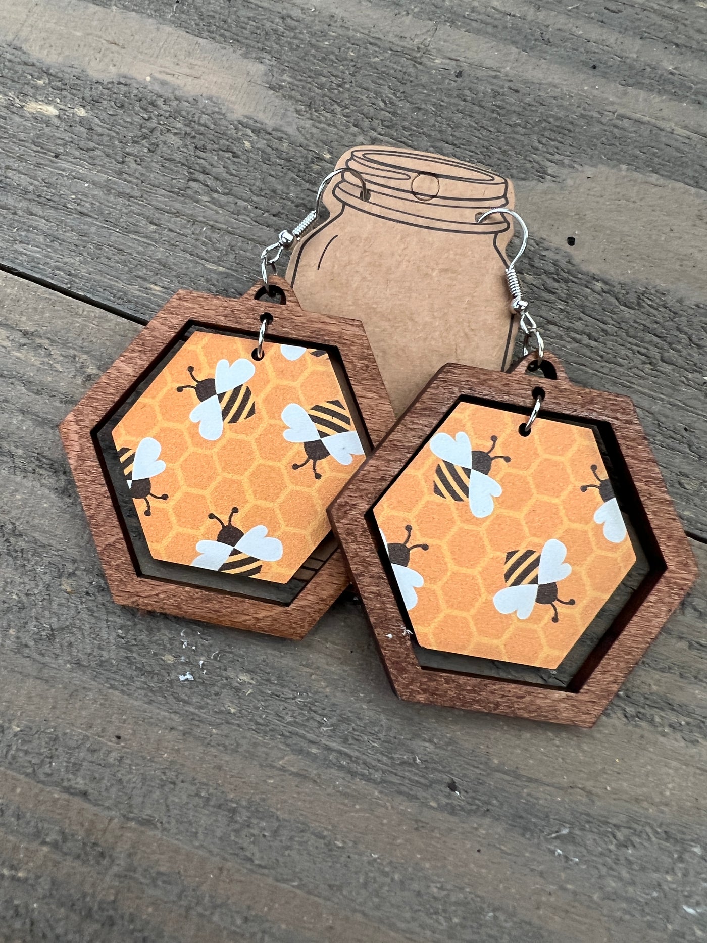 Yellow Honeycomb Bee Hexagon Acrylic Wooden Earrings