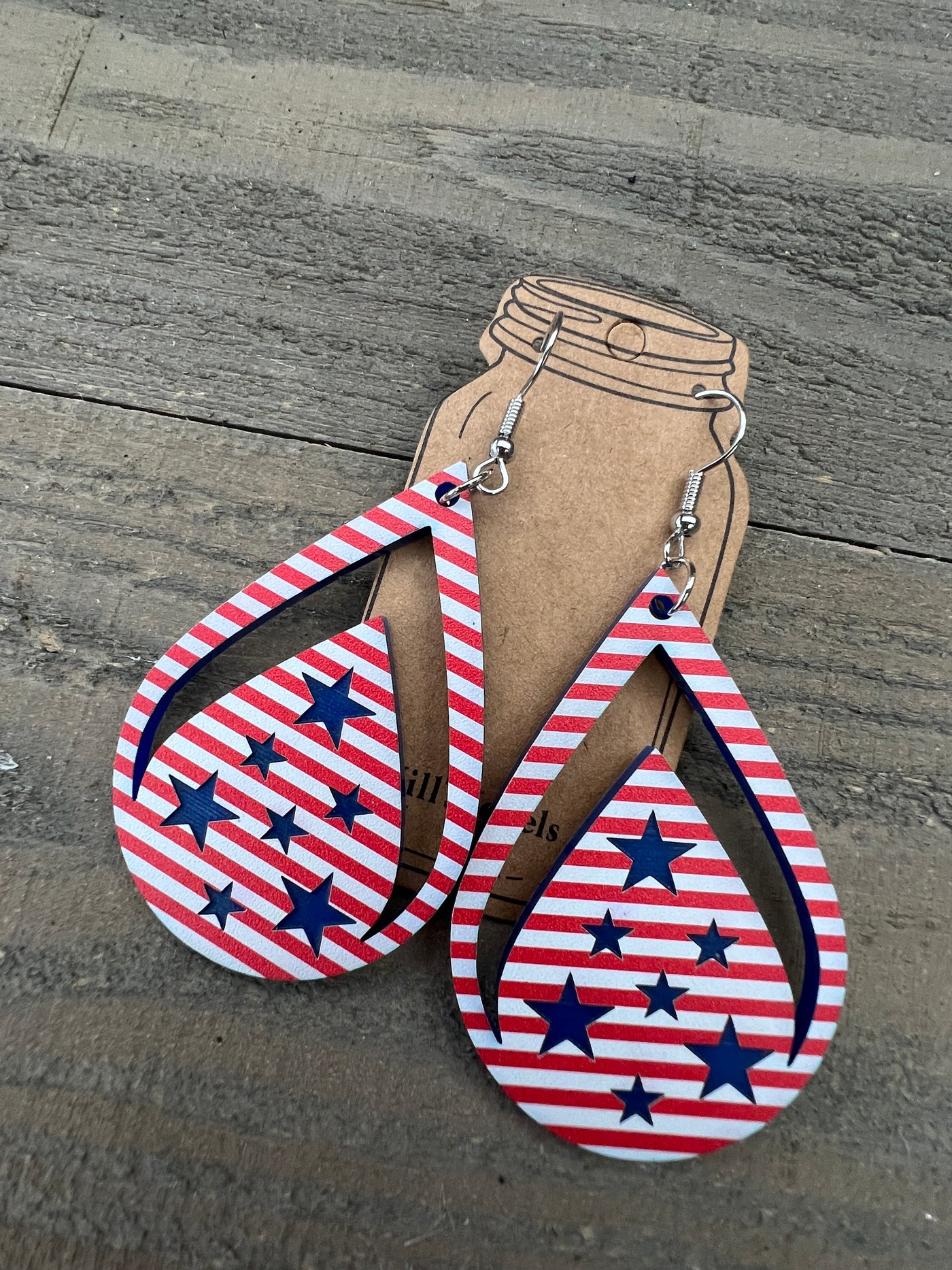 Blue Star Red and White Stripe USA Engraved Teardrop Cutout Earrings