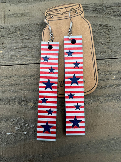 Blue Star Red and White Stripe USA Engraved Rectangle Cutout Earrings