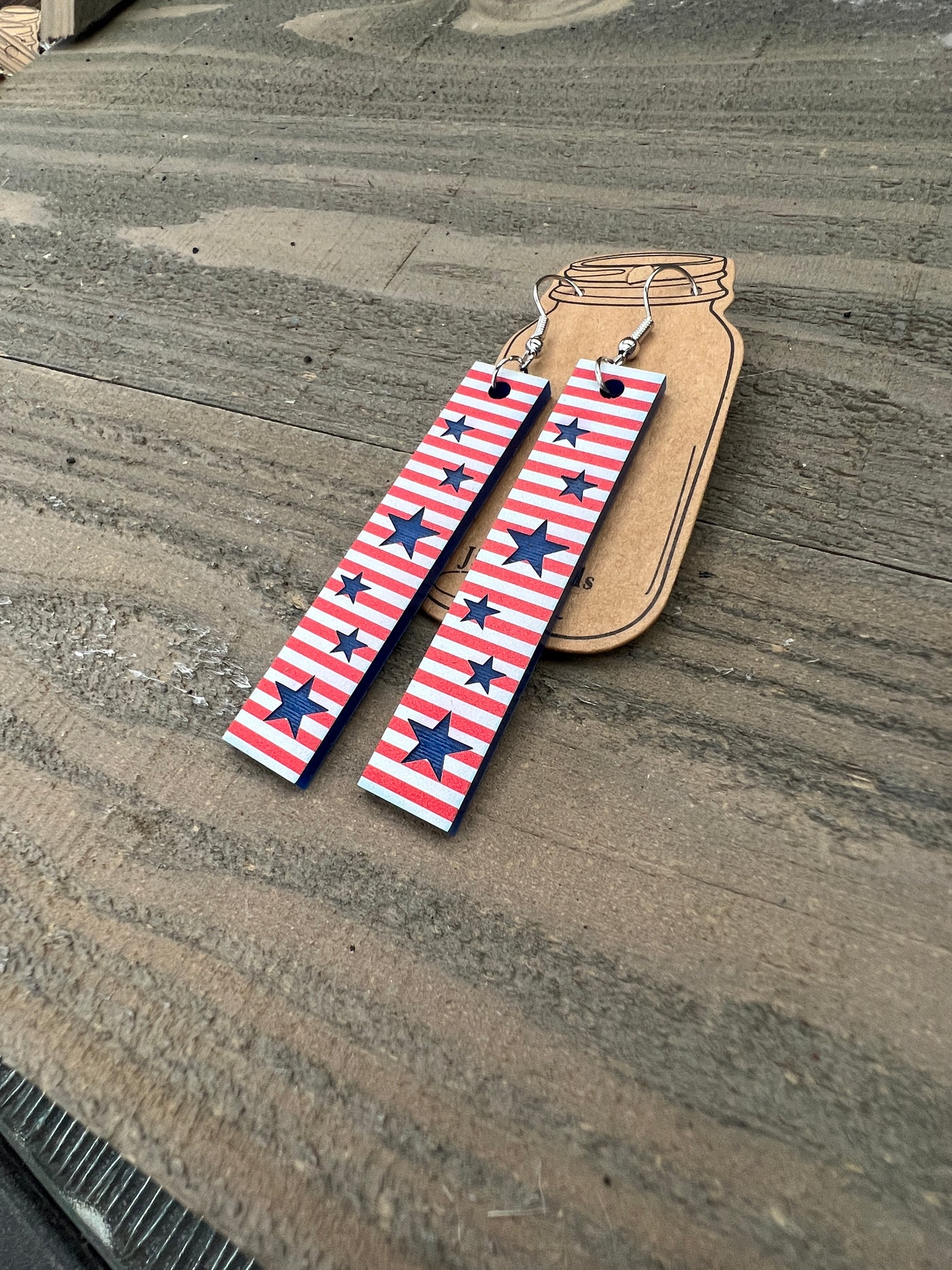 Blue Star Red and White Stripe USA Engraved Rectangle Cutout Earrings