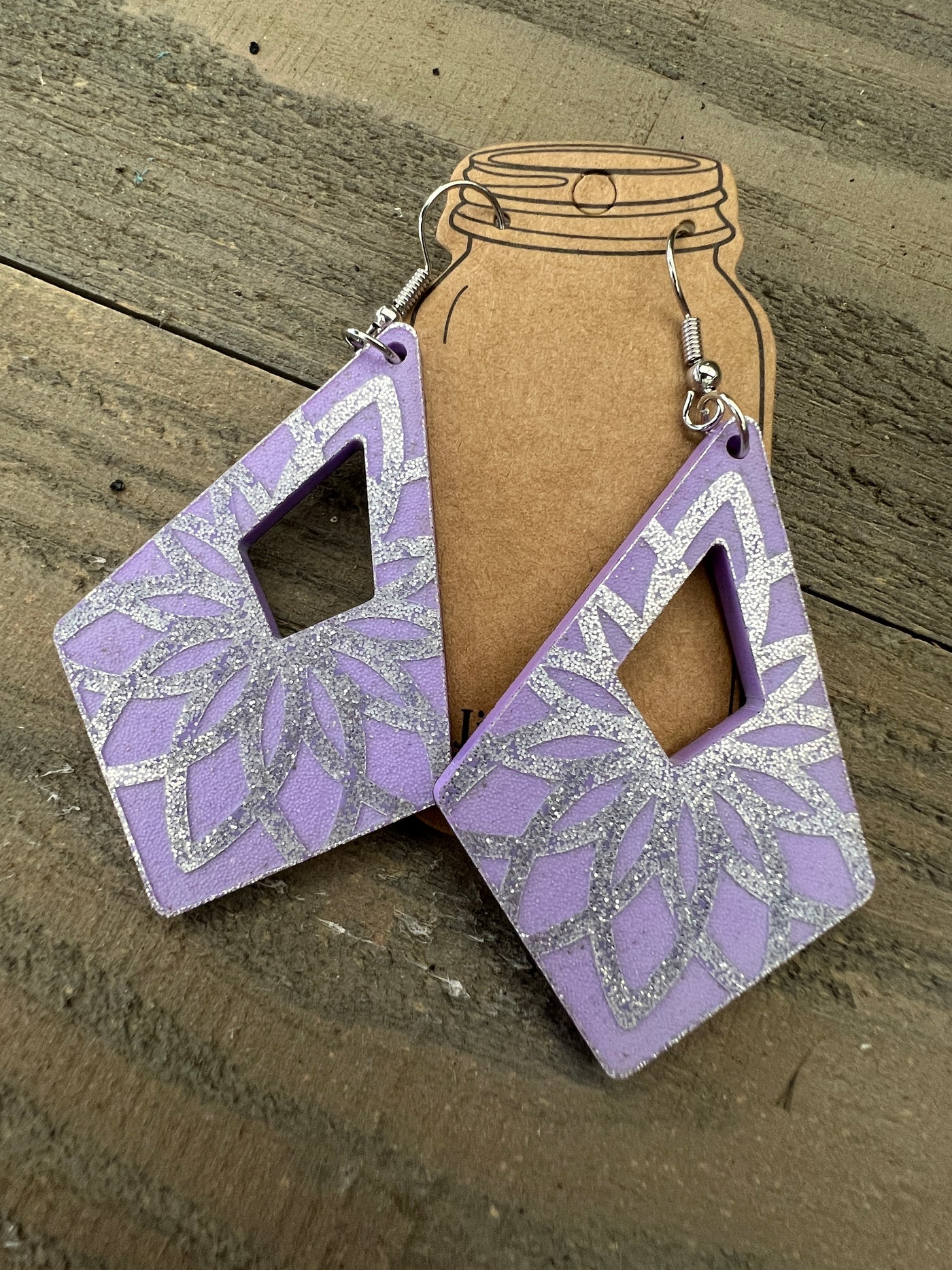 Purple Glitter Geometric Engraved Teardrop Cutout Earrings