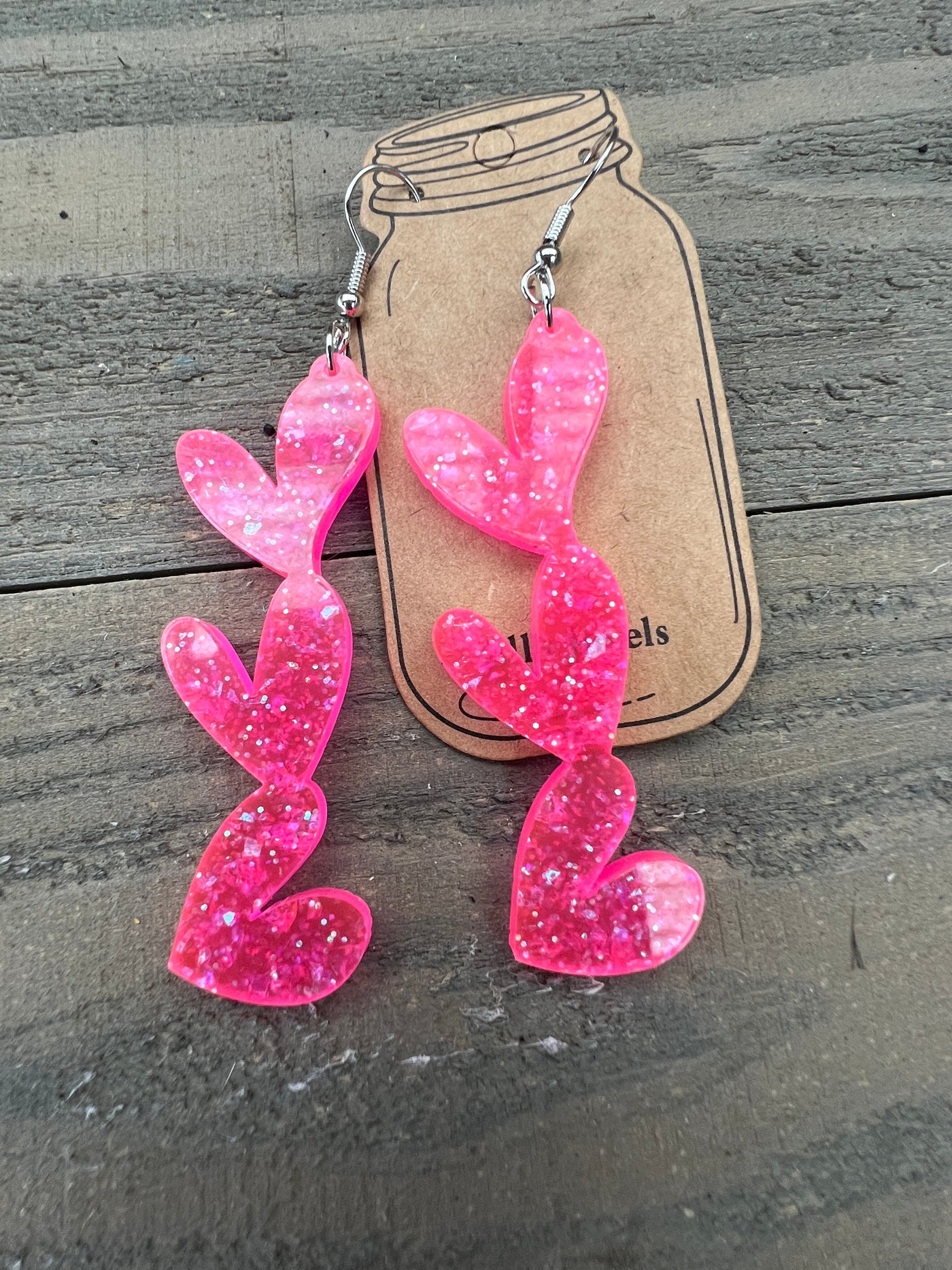 Hot Pink Glitter Acrylic Stacked Heart Cutout Earrings