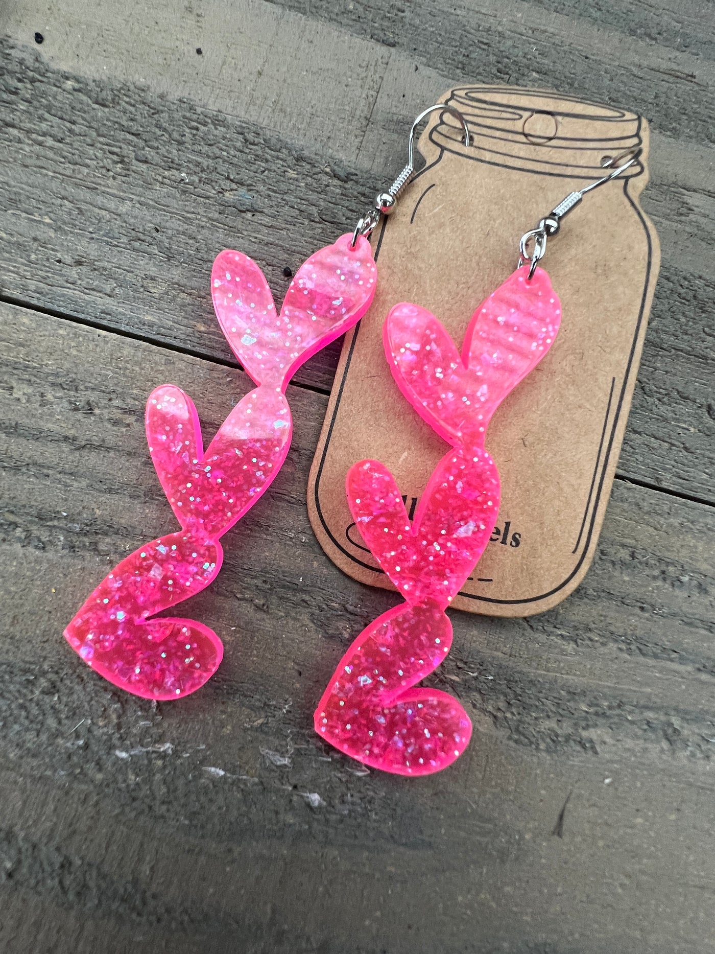 Hot Pink Glitter Acrylic Stacked Heart Cutout Earrings
