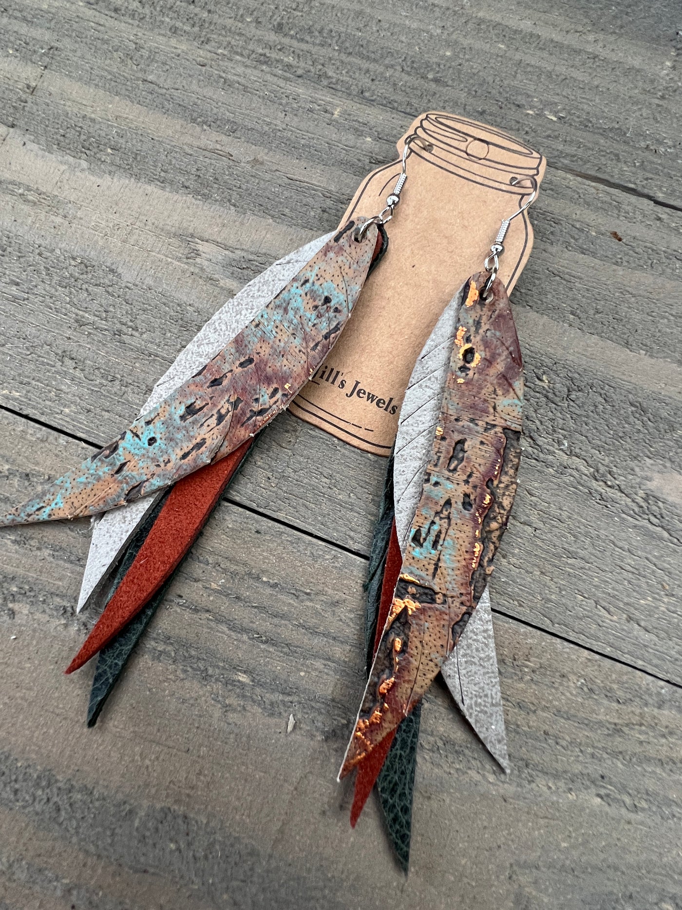 Green Copper Stacked Fringe Feather Earrings