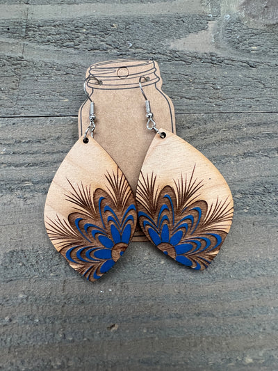Blue Floral Engraved Wooden Earrings