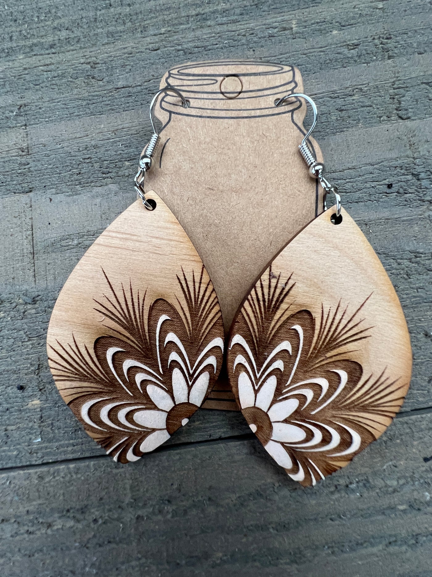 Cream Floral Engraved Wooden Earrings
